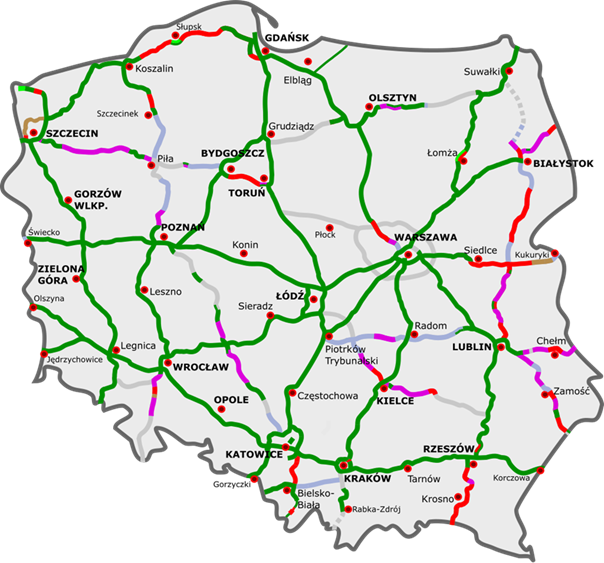 mapa Polski z zaznaczonymi drogami ekspresowymi i autostradami