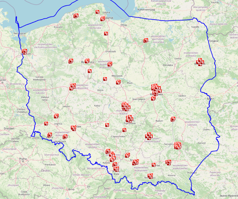 mapa Polski z zaznaczonymi na czerwono rejestratorami